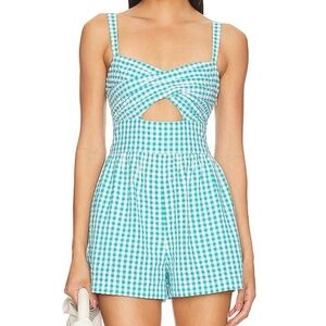Saylor Camelliana Romper Gingham Plaid Cutout Twist Front White Blue Small S